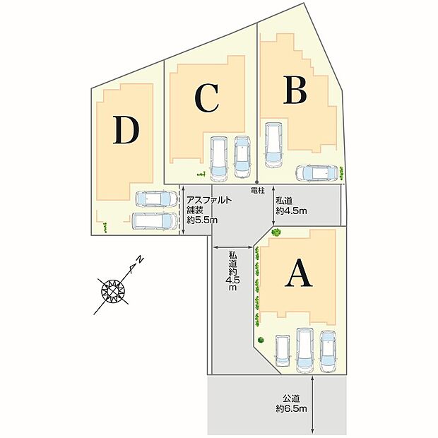 【全体区画図】
ゆとりある46坪以上の敷地。お車は2台~3台駐車可能です。前面道路は幅員約4.5m~6.5m。A棟は開放感のある角地に位置しています。