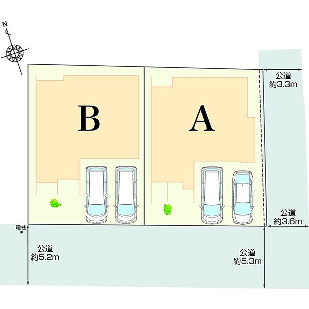 各棟41坪超の土地面積に、並列2台分の駐車スペースを設けています。南・東側接道、採光・通風に配慮した設計です。部屋数豊富な「5LDK」新築戸建のご案内！