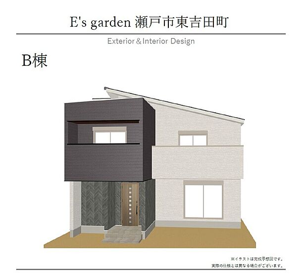 【【B棟　外観パース】】エサキホームの家は、バランスの取れたフォルムと配色が魅力です。周囲の景観に溶け込みつつ、個性も光ります。