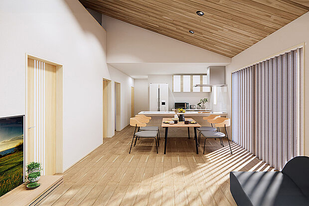 ダイニング、リビングで過ごすご家族とコミュニケーションを取りながら家事を進めることができ、毎日の洗い物や食事の用意も楽しいひとときに。／2号地完成予想パース