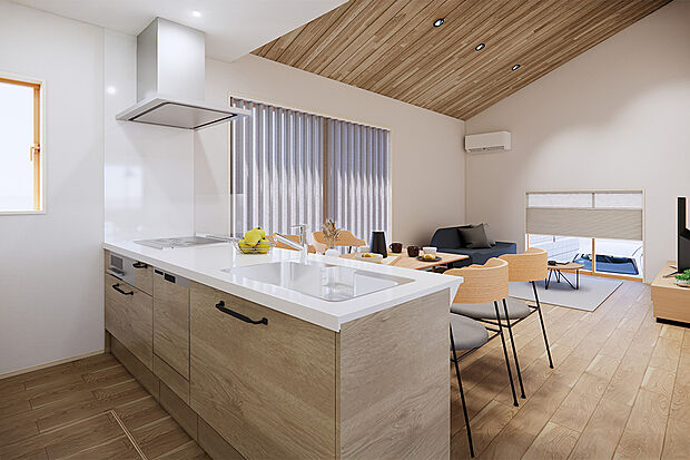 スタイリッシュなシステムキッチンは家事の時短に効果大の食洗器付き。高温洗浄、節水効果もあり、奥様の家事効率化を図ってくれます◎／2号地完成予想パース