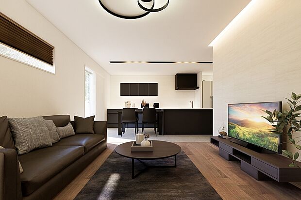 ダイニング、リビングで過ごすご家族とコミュニケーションを取りながら家事を進めることができ、毎日の洗い物や食事の用意も楽しいひとときに。/1号地建物完成予想パース