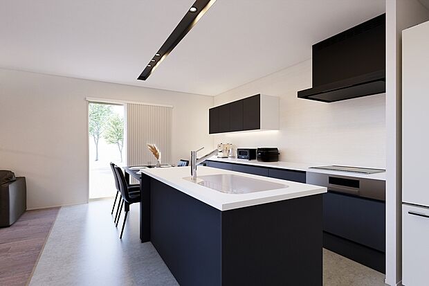 シンクとキャビネットが並列しているキッチンレイアウトのII型キッチンです◎作業スペースが広く、複数人やお子様と並んで調理をすることができます♪/1号地建物完成予想パース