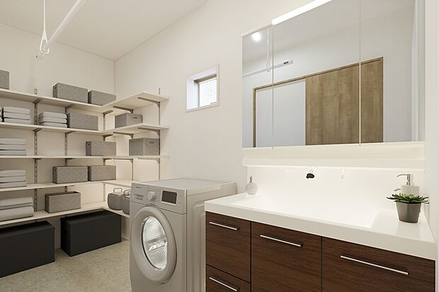 天候や、花粉、黄砂、PM2.5などを気にせずに室内干しが可能な室内物干しスペース確保♪
見られたくない洗濯物も隠せてプライバシー面でも安心です。/1号地建物完成予想パース