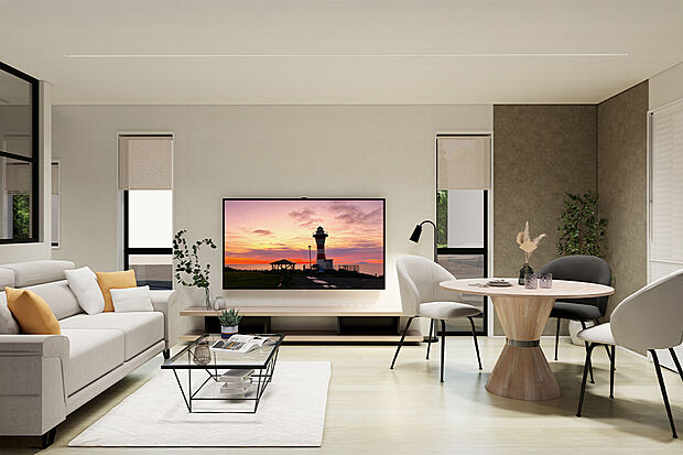 約18.56帖のLDKは人気のI型リビング！リビング・ダイニング・キッチンが一直線に並んでいることで、視線が行き届き家族の会話が弾みます◎/5号地建物プラン例