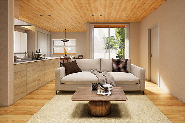 【南向きの窓があるリビング】ウッドデッキに繋がる南向きの窓。平屋住宅だからこそ、陽光を感じゆとりのある空間を思う存分お楽しみいただけます。／2号地内観完成予想パース