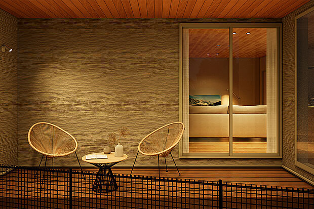 【家族の時間を感じるウッドデッキ】照明で、ウッドデッキの雰囲気も自由自在。気温が穏やかな季節は、ウッドデッキにテーブルをセットしてライトアップしたお庭で食事やお酒を楽しむのもいいですね。／2号地内観完成予想パース