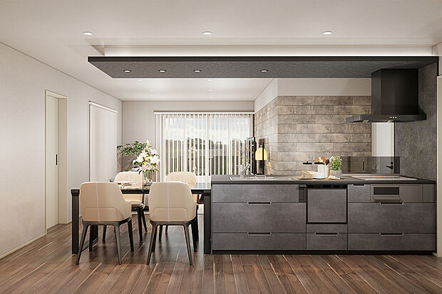 【キッチン｜ＩＨクッキングヒーターや食器洗い乾燥機など標準装備】スタイリッシュなシステムキッチンは家事の時短に効果大の食洗器付き。高温洗浄、節水効果もあり、奥様の家事効率化を図ってくれます◎/4号地完成予想パース