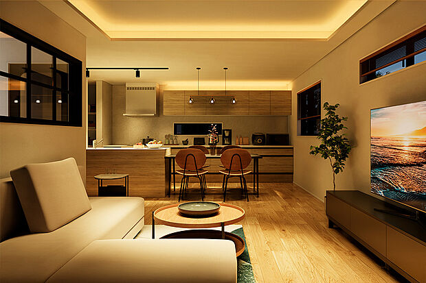 【リビング|周りの目線が気にならない2Fリビング】家族が集まる2階LDKは、陽当たり・風通し良好。ゆとりある空間が爽やかな光に包まれる心地よさ♪/1号地完成予想パース