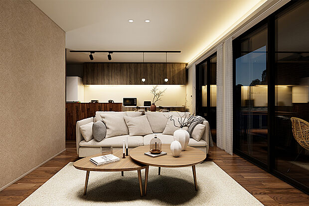 【昼間は陽光、夜はコーブ照明が部屋全体を包みます】天井際照明が、奥行きと広がりを感じさせる心地よい空間を演出◎直接的なまぶしさが少なく、部屋全体をやわらかく明るく包みます♪／1号地完成予想パース