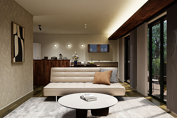 【家族を見守る縦長リビング】家族の集うリビングだから、陽あたり風通しはイイ方が良い。
ゆとりのあるLDKが爽やかな光に包まれます。／1号地完成予想パース