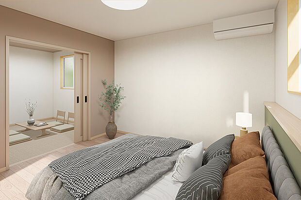 【主寝室|2面採光で明るく、収納も充実した居室】2面採光のお部屋!各部屋に収納付きの為、散らかりがちなお部屋を綺麗に整理でき有効的にお使いいただけます♪/13号地建物プラン例