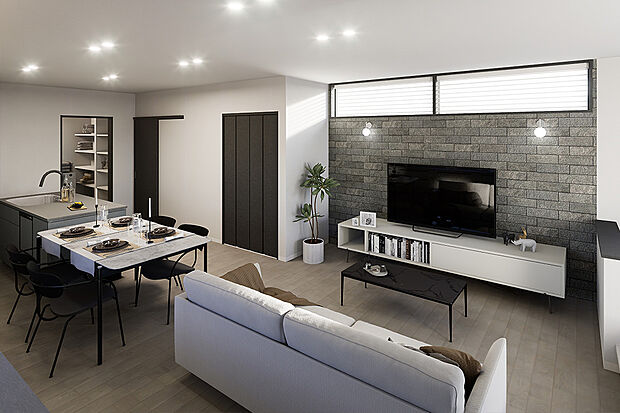 【1号地建物完成予想パース】玄関からリビング、キッチンを回遊できる、家事動線を意識した水廻り短縮プラン。キッチンとお風呂が隣なのでお料理をしながらお風呂掃除や洗濯機をまわしたり...時短の「ながら家事」が叶います！