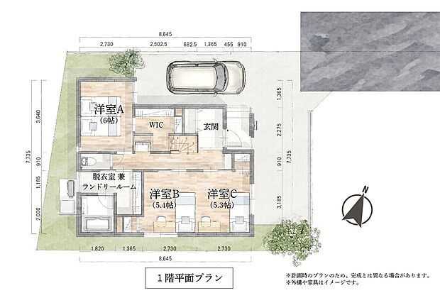 1階平面パース
家族の成長を見守る、3つの洋室と充実の収納。効率の良い家事導線です。