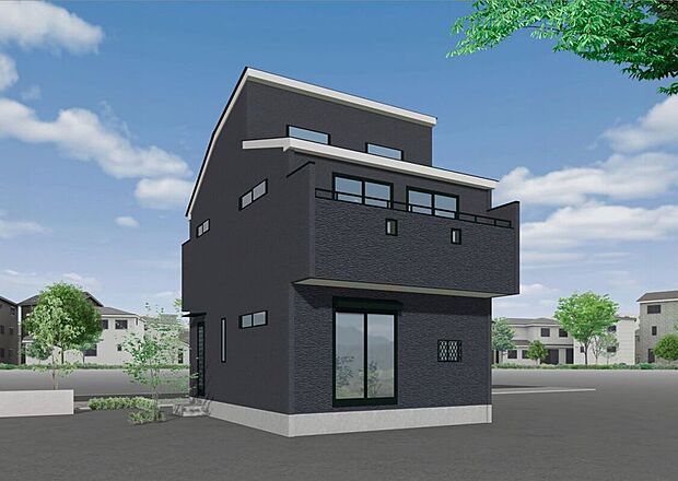 【外観パース】モダンで開放感のあるデザインが、自然光と美しく調和し、周囲の景観に溶け込みながらも存在感を放ち、住む人に快適さと安心感を与える魅力的な外観に仕上がっています。