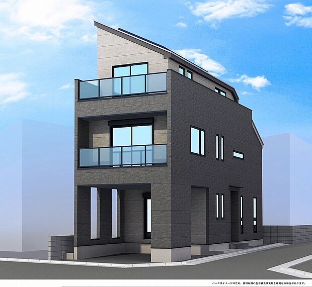 【外観パース】街並みに調和しながらも存在感を放つ、洗練された美しいデザイン。細部にまでこだわった外観が上質な印象を演出し、住まう人の誇りを満たします。飽きのこない佇まいが長く愛される住まいです。