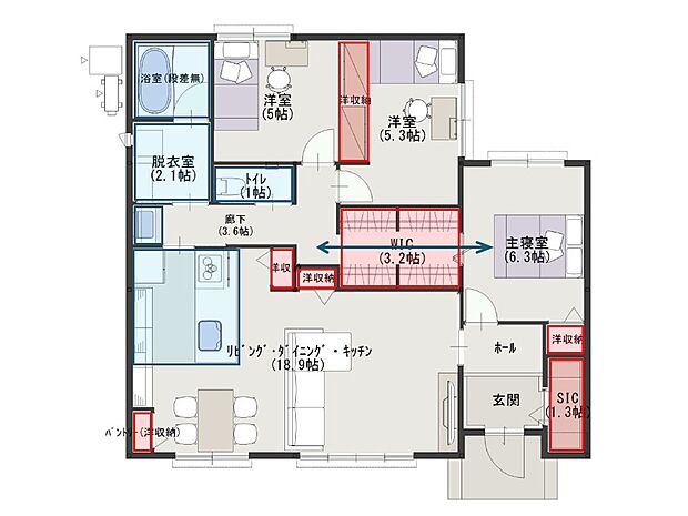 建物プラン例(配置図)建物価格:3477万円延床面積:88.70m2(26.83坪)間取り:3LDK+WIC(※本体工事、外構工事費を含む)プランは一例です。