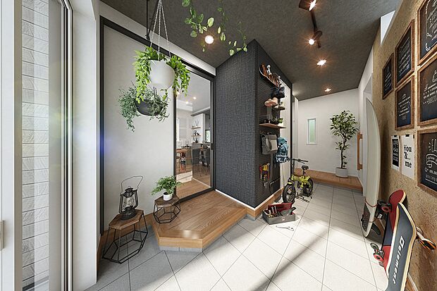 室内の2方向からアクセスできる土間空間。棚やフックなどが設置できる有孔ボードなどを設置した、DIYなどに活用できるスペースです。（2号棟 内観完成予想図）