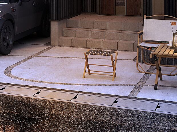 【コンクリートスリットの駐車スペース】駐車場のスリットを砂利敷にしました。水捌けがよく草も生えにくいメンテナンスフリーなスペースです。（街並完成予想図）