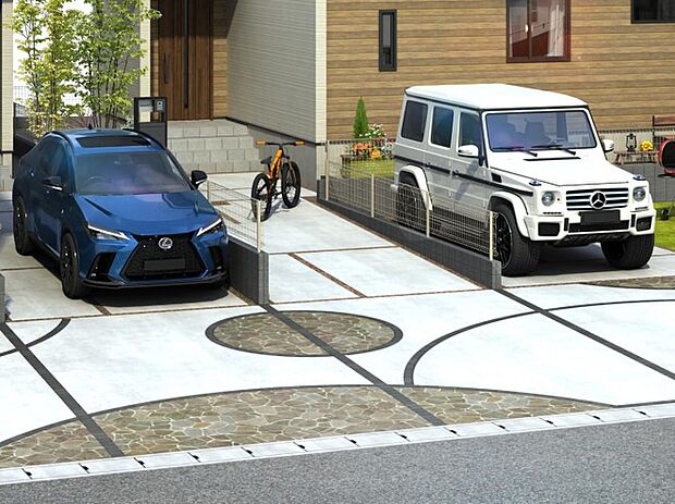 全棟カースペース2台駐車可能。前面道路はゆとりのある6m幅員。※号地により2台目は軽自動車対応（街並完成予想図）