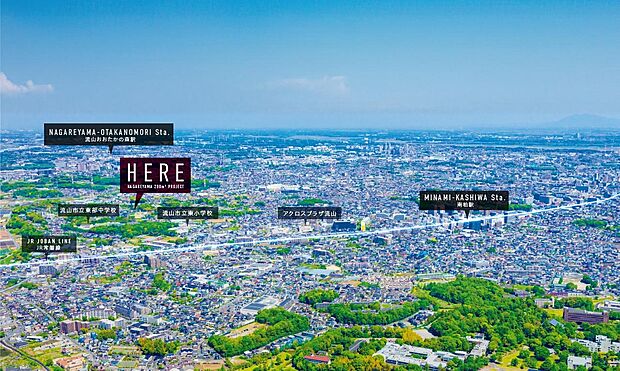 手厚い子育てサポートが魅力の流山エリア。※掲載の航空写真は現地周辺を撮影（2025年5月）したものに一部CG加工を施したもので実際とは異なります。