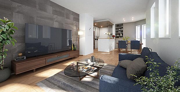 アクセントウォールと落ち着いた色調に、窓の採光がやさしく重なり、折下天井と棚のしつらえまで一体感をもたらすLDK。（15号棟 内観完成予想図）