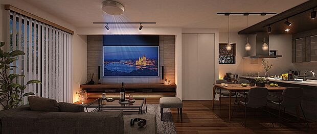 日々を「特別」に変えるホームシアターがLDKにある家。映画はもちろん、思い出の家族の動画を見たりと、家族との憩いの時間を過ごせます。（2号棟｜内観完成予想図）