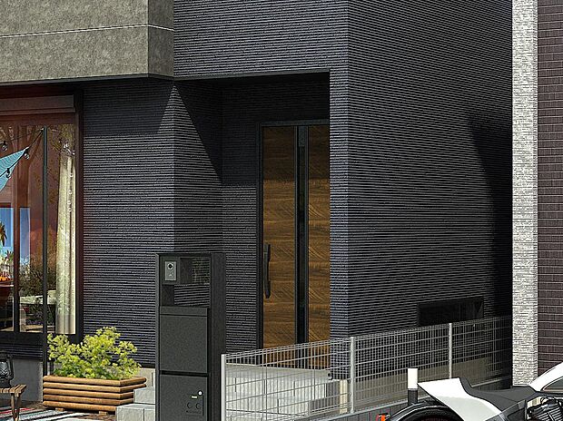 【完成予想図(外観)】【玄関ドア】一邸一邸魅力の異なる木目調の玄関ドアが住まいのアクセントになります。(街並完成予想図)