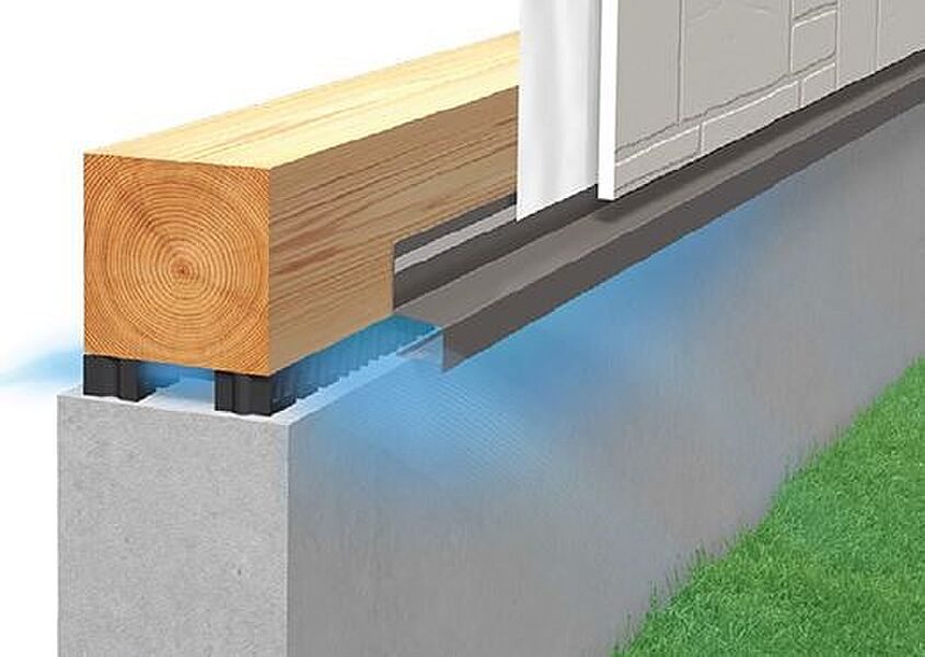 基礎パッキン　基礎と土台の間に基礎パッキンを入れることにより分離させ、土台からの湿気を基礎へ浸透するのを防ぎます。また、床下換気が可能です。