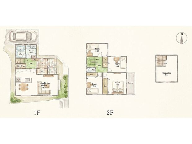 建物プラン例(1区画)4LDK、土地価格3750万円、土地面積101.89m2、建物価格2486万円、建物面積101.43m2