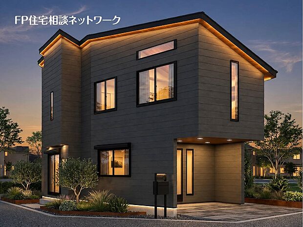 完成予想イメージ:夕暮れ時、軒下の木目調や外構の植栽が温かい照明で照らされ、幻想的な雰囲気に。ダークな外壁が光を引き立てる。インナーガレージも実用的で、夜の帰宅を優しく迎えるデザイン。