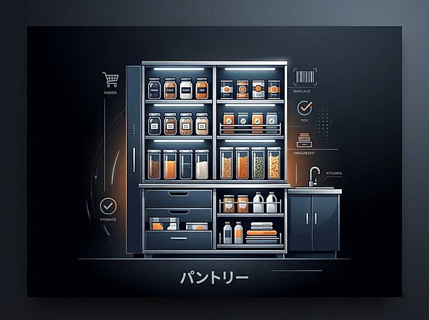 防災備蓄用品や食品のストックの置場にも便利なパントリーを完備。非常用の水は一人1日当たり3リットル、食料は最低3日分、できれば1週間分が必要とされています。