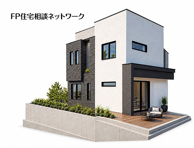 窓の配置や素材の切り替えが建物に表情を添えます。庭先の植栽も含め、直線的なフォルムとやわらかな緑の組み合わせが印象的です。