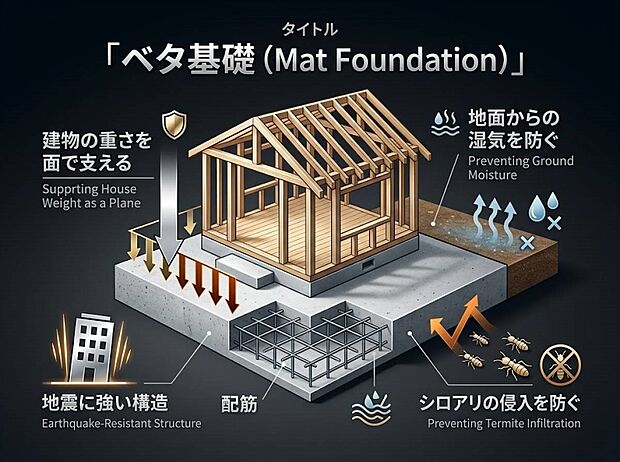 【ベタ基礎】大きな面で家の重みを支え地震に強いのが特徴です。また床下の地面をすべてコンクリートで覆うので、湿気が建物に伝わりにくく住宅の木材の腐食等の心配も減ります。