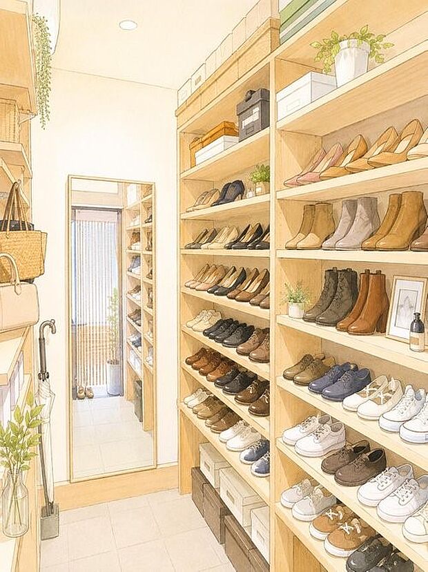【シューズインクローゼット】【シューズインクローゼット】 靴はもちろん、ベビーカー等の大きな荷物もまるごと収納可能。生活感を隠し、美しくすっきりとした玄関空間を保ちます。