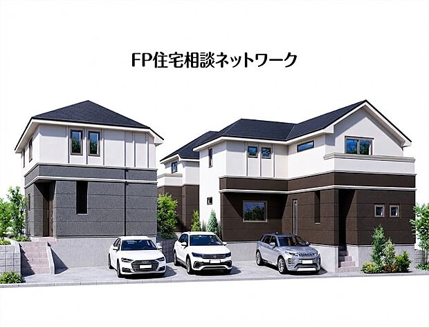 【現地外観写真】完成予想イメージ:白を基調とした明るい街並みです。都会的なデザインと豊かな緑が調和し、洗練された暮らしを予感させます。全3区画で、それぞれに趣向を凝らしたプランをご用意いたしました。