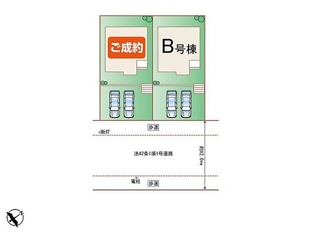 【全体区画図】最終一棟（B号棟）のご案内です♪ゆとりの49.52坪。駐車スペースも確保しゆとりある暮らしを実現しました。