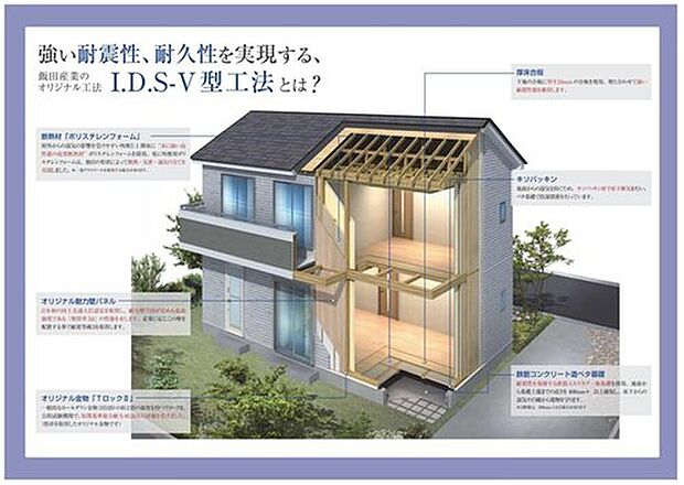 【【I.D.S工法】】I.D.S工法は「木造軸組-パネル工法」。木造軸組工法の設計自由度と構造用合板パネル工法の耐震性の高さをあわせもった工法です。外壁、1・2階床組、屋根を構造用合板で一体化させ、高い耐震性を実現させています。

