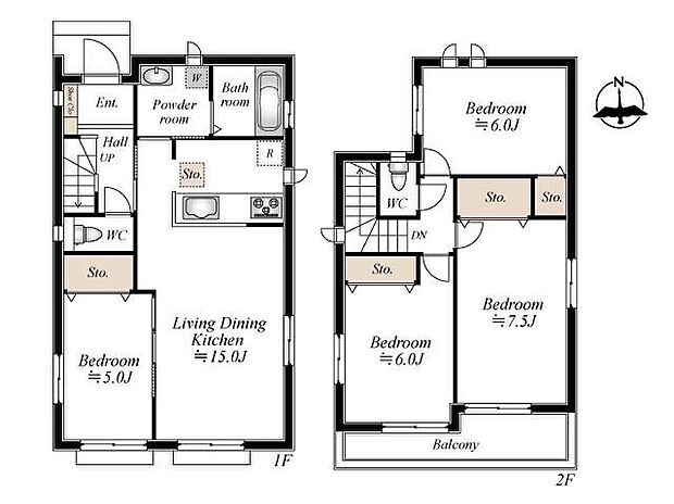 【4LDK】ゆとりある4LDKの間取り。家族が集まる15畳のLDKに加え、各居室に収納を完備した、お部屋を広くスッキリと使える住設計です。