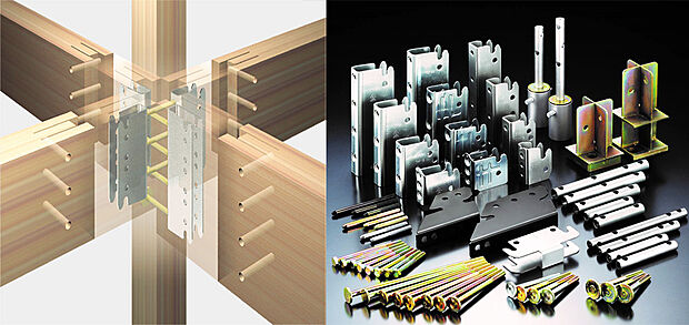 【■耐震性の高い頑強な金物(テックワン)工法■】木造在来軸組工法に革命的な品質向上と合理的な施工法をもたらした接合金具工法を採用。「テックワン」は在来軸組工法の接合金物です。木材の欠損部を極力減らし、「継手」や「仕口」部分を金具で接合・緊結することで高い精度と安全性を実現。コンパクトで使いやすくかつ合理的に施工できることから、作業現場において大変重宝されています。さらに、震度7の地震にも動じない頑強な軸組を作るため、強度実験を定期的に実施・検証。その結果をもとに製品に改良を加え完成したのが「テックワンシリーズ」です。