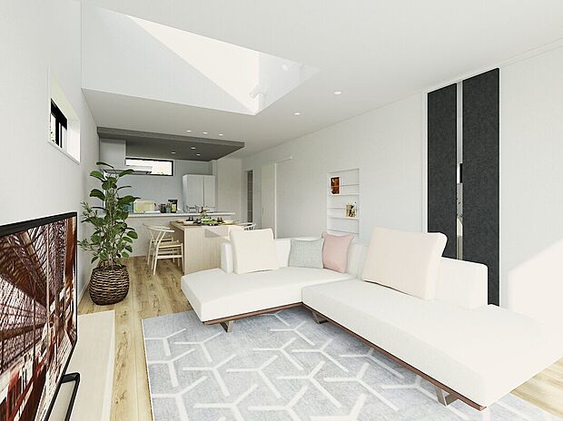 【【1号棟】◆内観イメージパース◆】【1号棟】◆内観イメージパース◆20.1帖の広々としたＬＤＫへとつながる回遊動線。帰宅後の動線がスムーズになり、家事や身支度が効率的に行えます。