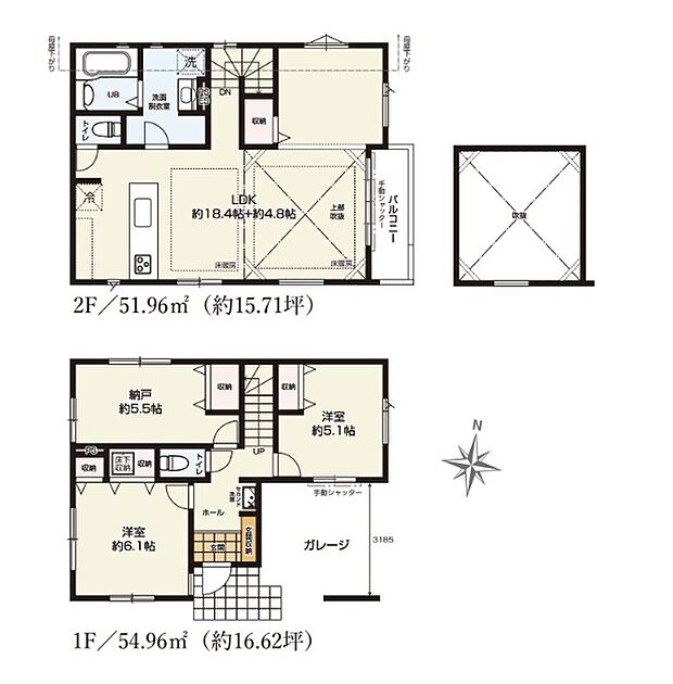 【2LDK+S(納戸表記)】建物面積に車庫部分約9.3m2、ポーチ・通路部分約4.5m2を含む