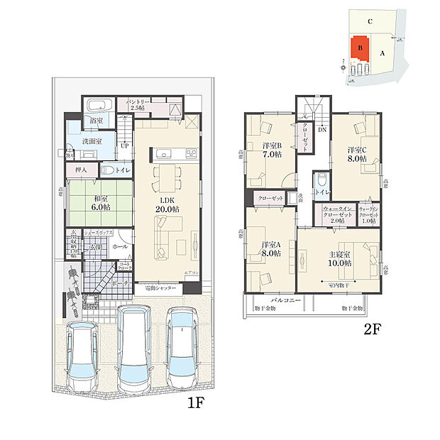 【5LDK】5LDK+Wウォークインクローゼット+玄関収納+コートクローク+パントリー
駐車3台分
※建物面積にポーチ面積の一部(6.02m2)含む
ホールにコートクロークがあり、生活動線良好です。