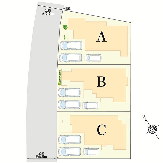 前面道路幅員約5.6m~6.5mの公道に面しています。全棟3台駐車スペースに加えて駐輪スペースも確保しています。最寄りの名鉄常滑線「寺本」駅まで徒歩約7分で毎日の通勤通学に便利な立地です♪