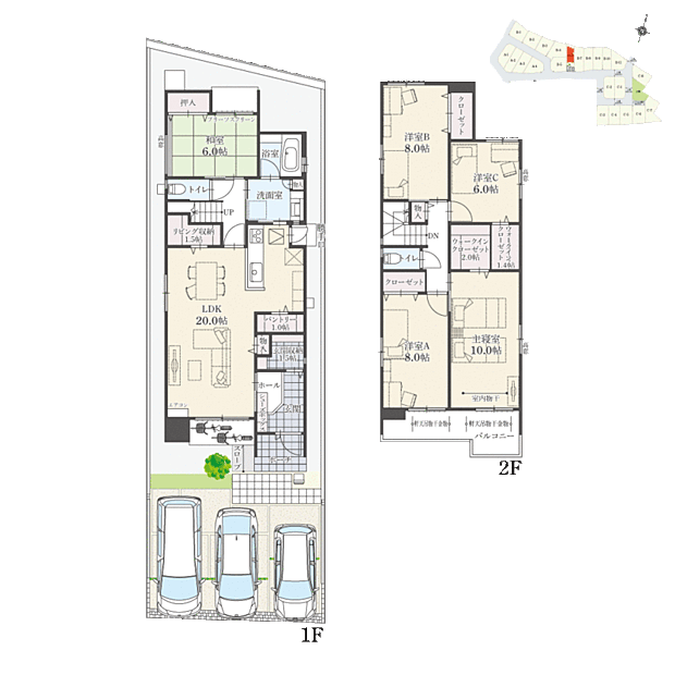 【5LDK】5LDK+Wウォークインクローゼット+玄関収納+リビング収納+パントリー
駐車3台可
独立した6.0帖の和室は、ライフスタイルに合わせて多用途にご活用可能です!