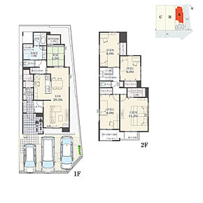 5LDK+多目的収納+ウォークインクローゼット+玄関収納+パントリー+ランドリースペース
駐車3台分
※建物面積にポーチ面積の一部(2.19m2)およびバルコニー面積の一部(1.41m2)および設備設置スペースの一部(2.18m2)含む

開放的な角地に立地。玄関→玄関収納→パントリー→LDKへとつながる快適な動線を確保しています。 