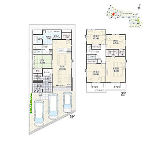 5LDK+Wウォークインクローゼット+玄関収納+パントリー+ランドリースペース
駐車3台分
※建物面積に設備設置スペースの一部(1.66m2)含む

全居室6.0帖以上！ゆとりある空間を確保しています。 