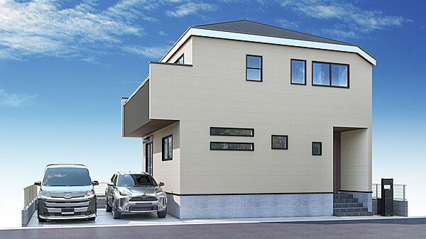 総2階のスタイリッシュな建物。車2台＆自転車3台停められます！駐車場の奥には庭もあります。