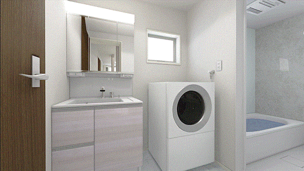 【洗面所】シャワー機能付き洗面台は広めの洗面ボウル、3面鏡なので収納スペースもあり洗面周りはスッキリ片付きます。