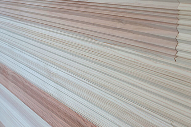 【【スギノカ】】低温乾燥と表面加工で、国産杉材の香りや木目の意匠性、調湿性能を引き出した杉板パネルをリビングの壁やキッチン前面に採用。国産杉の活用促進にも貢献します。※号棟により採用状況が異なります。